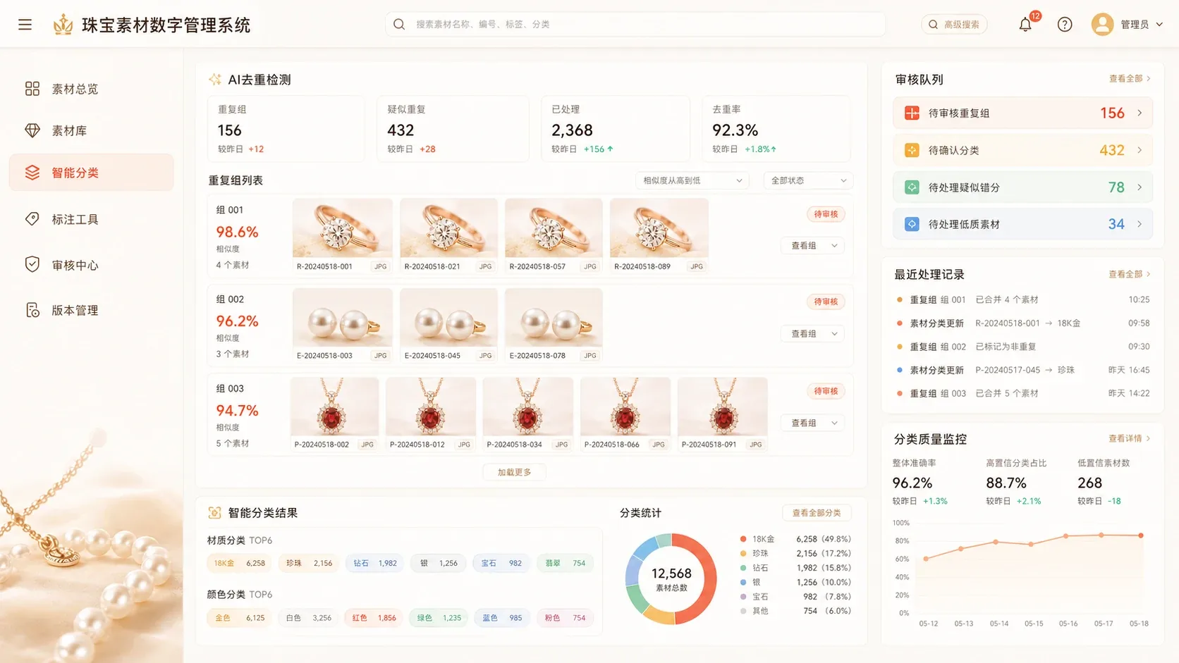 珠宝素材去重与智能分类界面